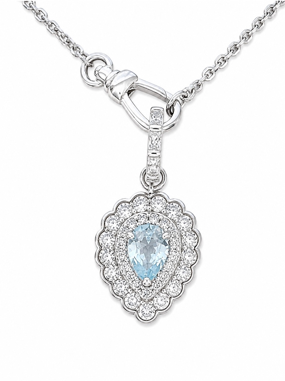 Bomb Party Blue Pear Teardrop Halo Crystal Pendant Necklace Silver Tone 18-20”